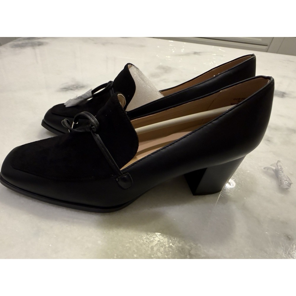 Journee Collection Loafer Pump Womens 9 Black Square Toe Block Heel Bow Detail - Picture 4 of 7